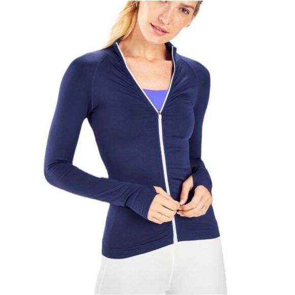 Fabletics Size Large Luciana Seamless Longsleeve Zip Up Mock Neck Navy Blue - Picture 1 of 12